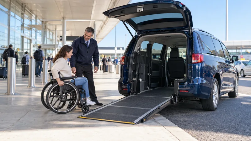 Illustrative wheelchair user beside an accessible van with a deployed rear ramp.