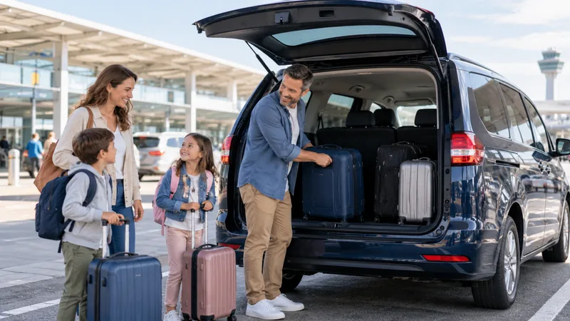 Illustrative family with luggage beside a spacious blue maxi taxi.